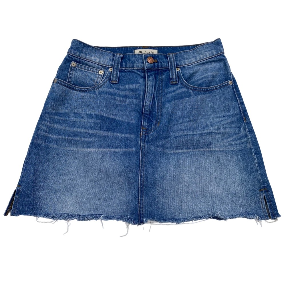 Madewell Denim Mini Skirt Womens 26 Blue Raw Hem Side Slits High Rise
